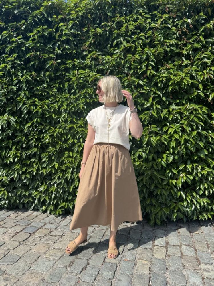 flared cotton skirt camel