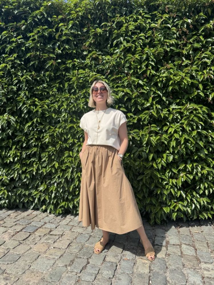 flared cotton skirt camel