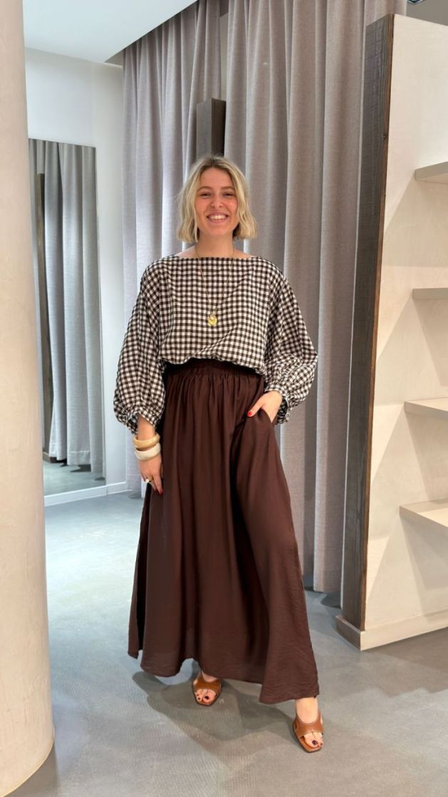 short plaid blouse batwing chocolate